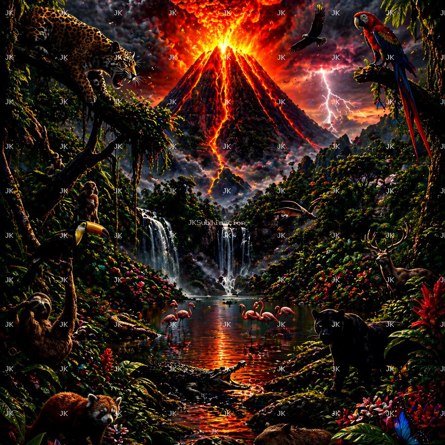 Volcán en Erupción con Fauna Salvaje – 4500x5400