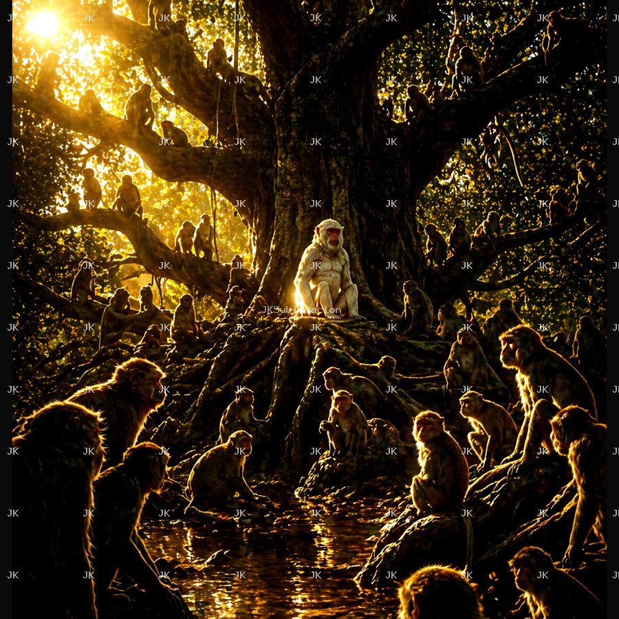 Monos en Árbol Sagrado Selva Dorada | Diseño HD Sublimación 4500x5400