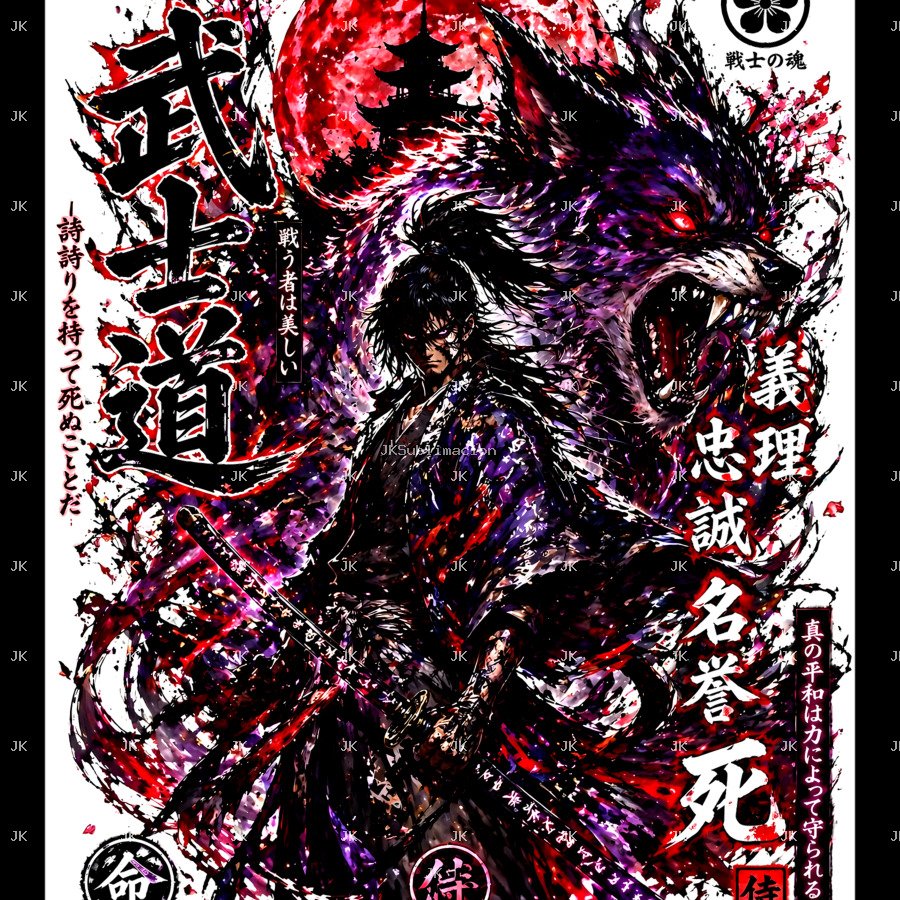 Samurai con Lobo y Luna Roja – Arte Anime Japonés 4500x5400 PNG Transparente para Sublimación