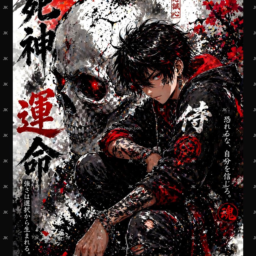 Samurái Anime con Calavera Demoníaca – Diseño Épico Japonés 4500x5400 para Sublimación