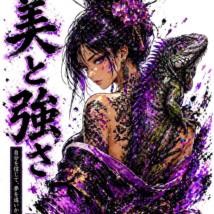 Geisha Anime con Iguana y Sakura – Diseño Japonés Elegante 4500x5400 para Sublimación