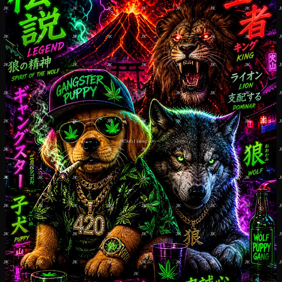 🔥🐺🦁 Reyes del Volcán Neon – Lobo & León Street Art Japonés 4500x5400