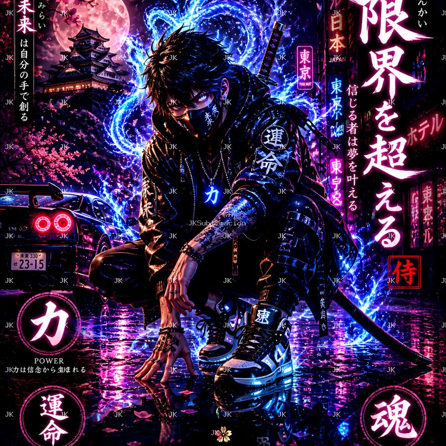 💙⚡ Fuerza Azul – Guerrero Neon Japonés 4500x5400