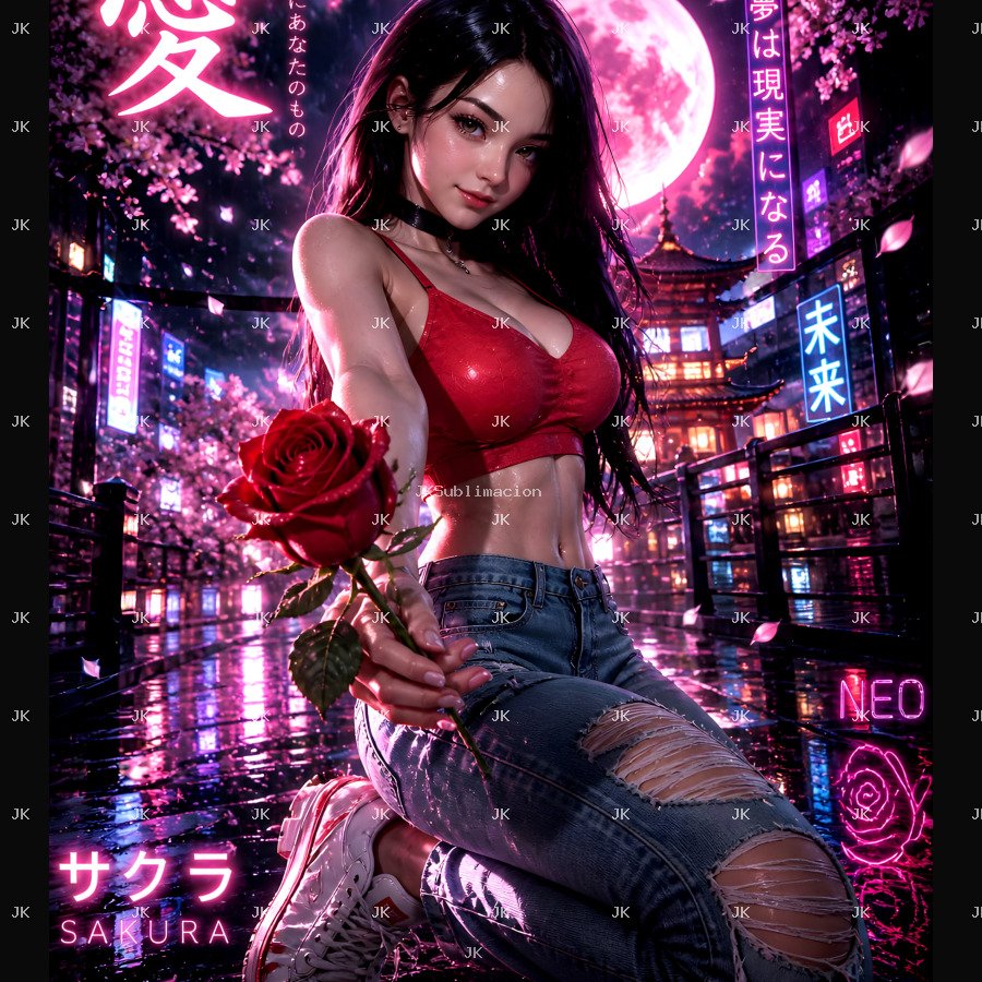 🌹👑 La Reina de la Rosa – Chica Neon Anime 4500x5400