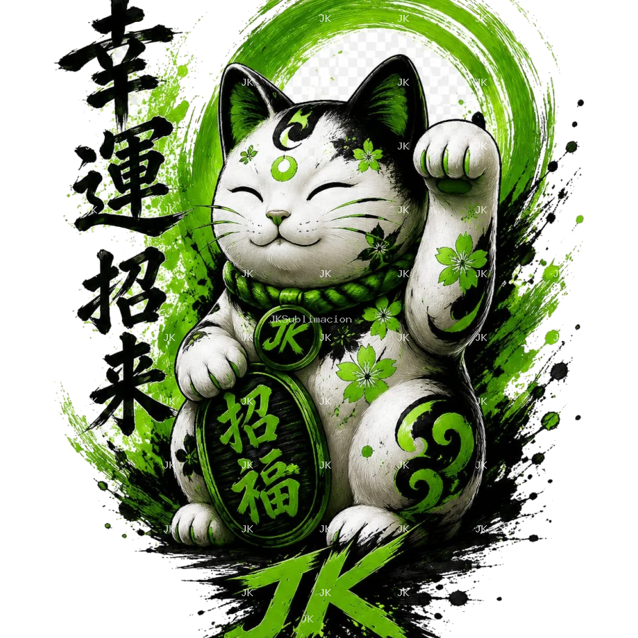 🐱 Lucky Cat Green JK | Diseño Japonés Kawaii PNG Transparente