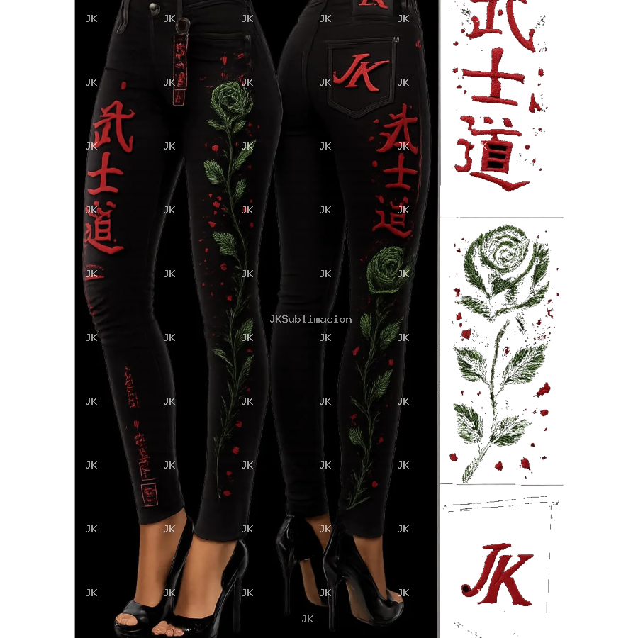 🌹 Pantalón Mujer JK Negro | Letras Rojas y Rosa Verde 3D PNG Transparente