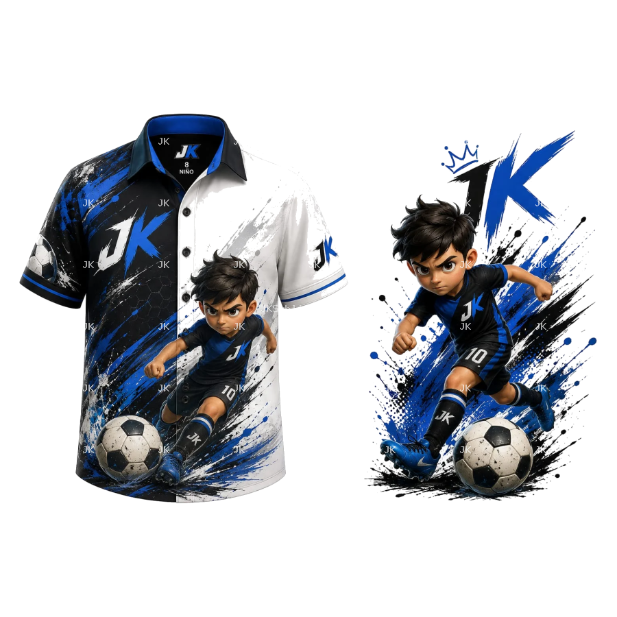 Camisa Niño Fútbol JK Azul Anime 3D | Diseño Deportivo Infantil PNG