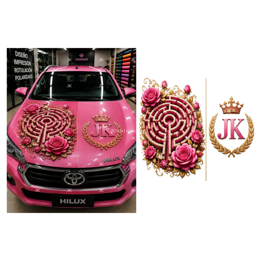 JK Pink Rose Labyrinth Hilux Car Hood Wrap 4500x5400
