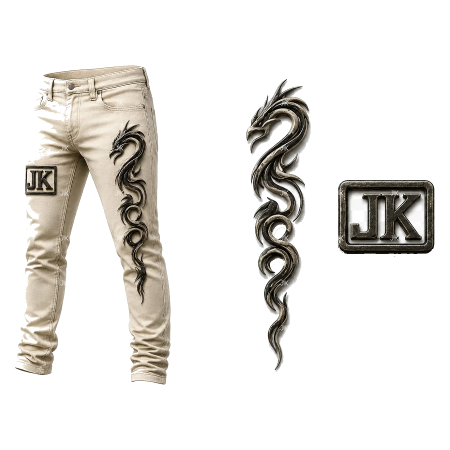 Diseño para Sublimación – Pantalón JK Blanco con Dragón Tribal Plateado | 4500x5400 px