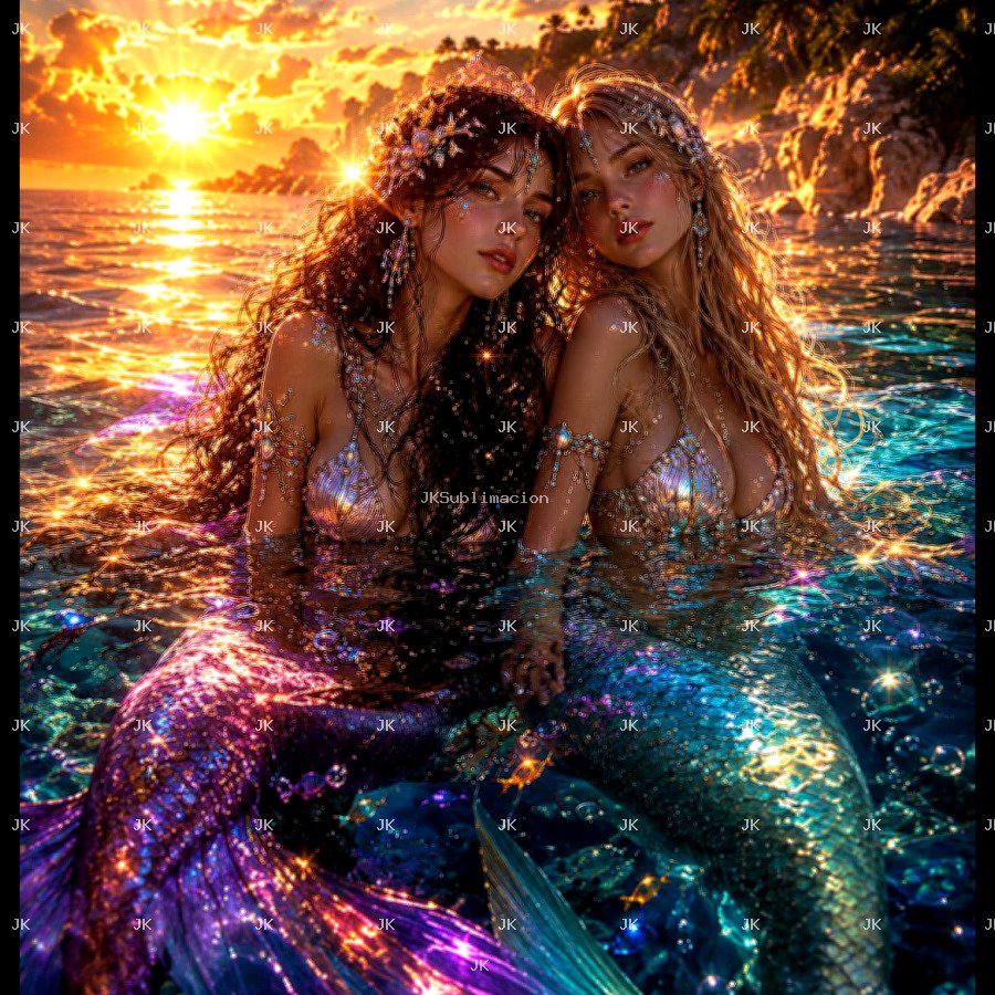 JK Twin Mermaid Sunset – Cuadro Fantasía Premium HD 4500x5400