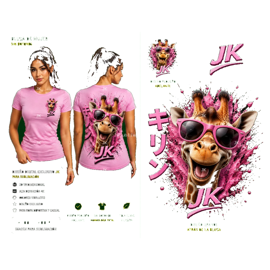 Diseño Digital JK Jirafa Rosa para Blusa de Mujer – Sublimación y DTF