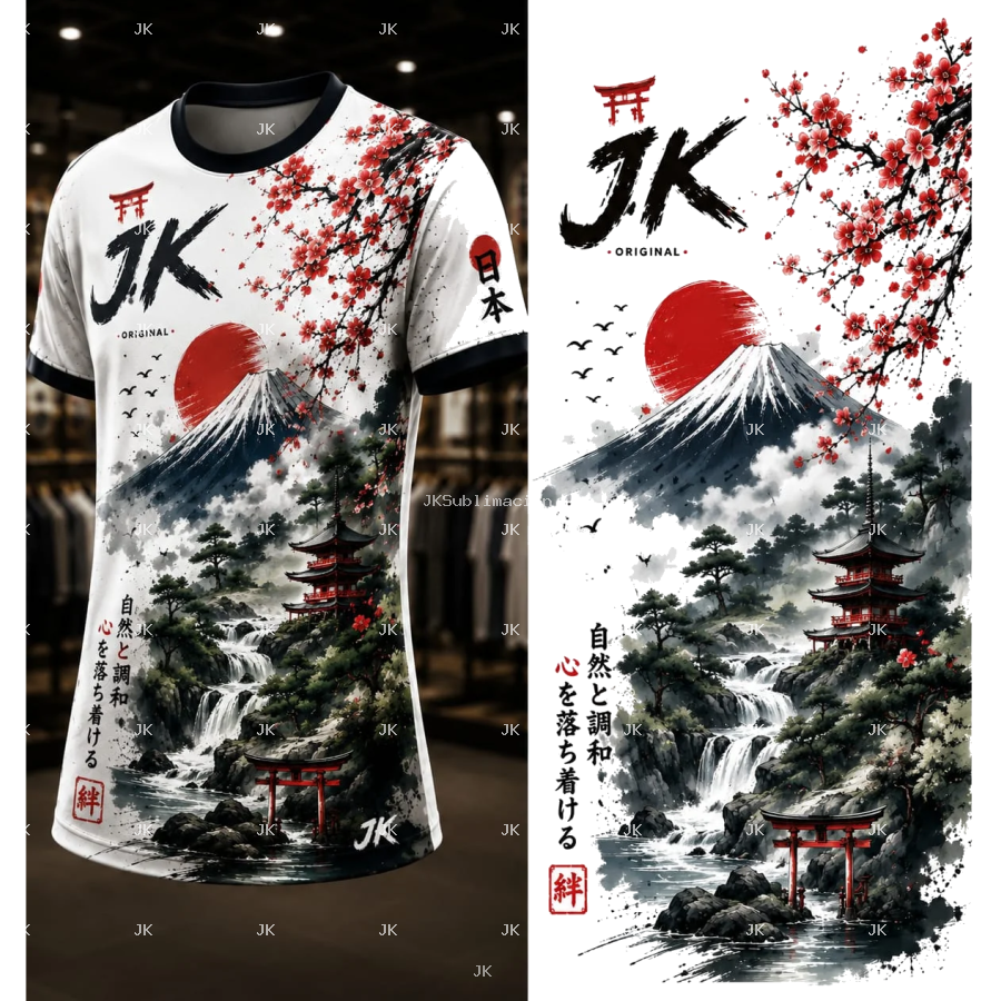 Diseño Digital JK Paisaje Japonés Monte Fuji y Flores – para Camisa de Hombre