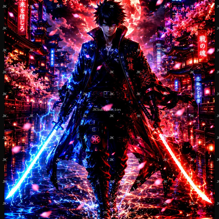 Cuadro Digital HD Samurai con Espadas Estilo Neón | 4500x5400 JPG