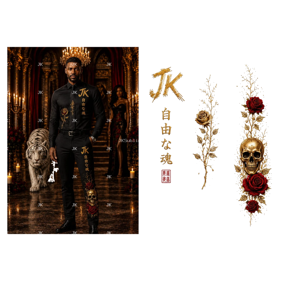 Diseño Digital JK Calavera y Rosas Góticas para Pantalón de Hombre