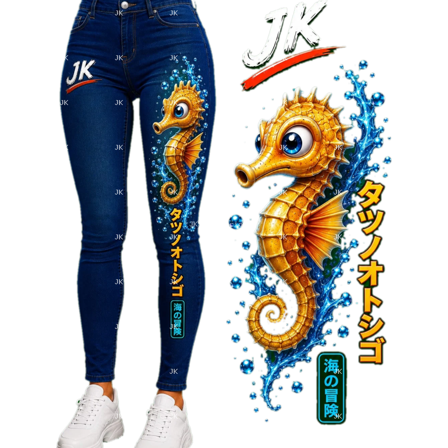 Diseño Digital JK Caballito de Mar Dorado Kawaii para Pantalón de Mujer