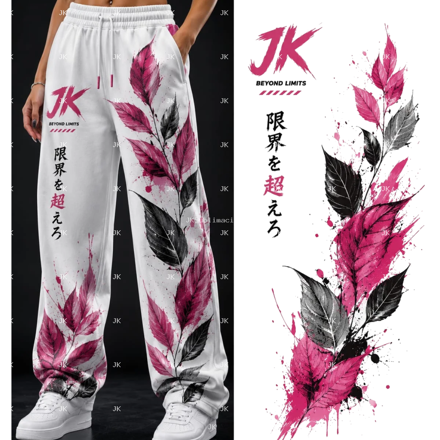 Diseño Digital Hojas Rosadas y Verdes JK para Pantalón de Mujer