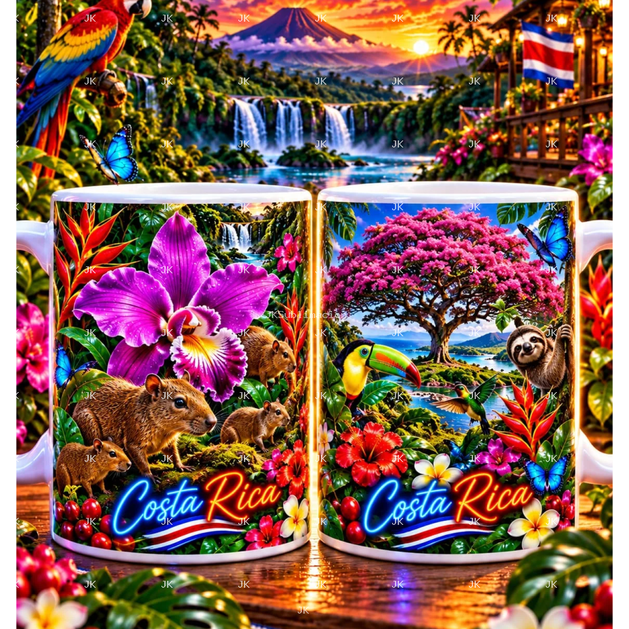 Taza 11 oz – Costa Rica Naturaleza, Orquídeas y Fauna 🇨🇷 | Diseño para Sublimación