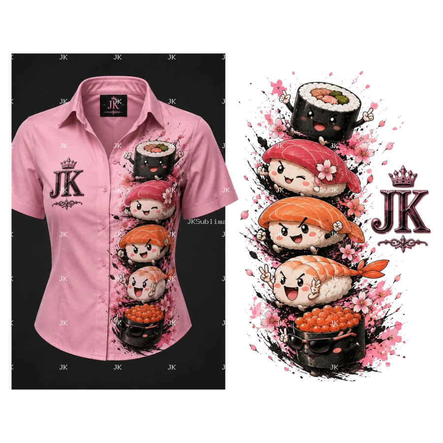 Diseño Digital JK para Camisa de Mujer – Sushi Kawaii Japonés Rosa