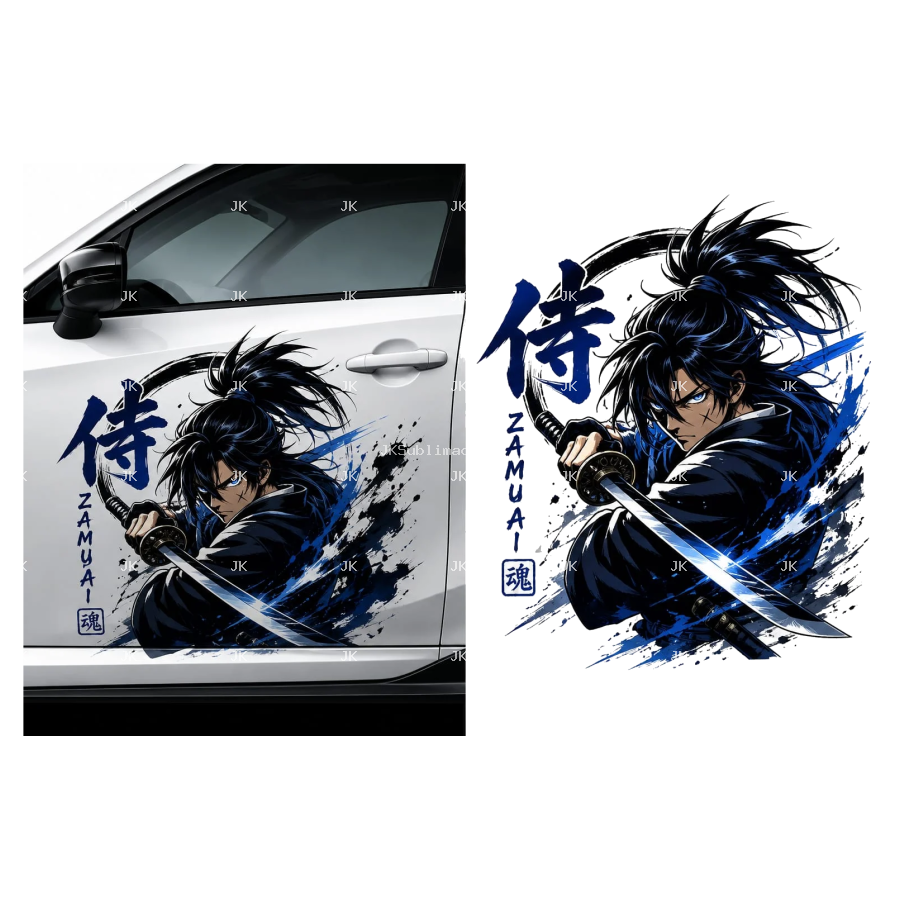 Diseño Digital JK para Puerta de Carro – Samurái Azul Estilo Japonés
