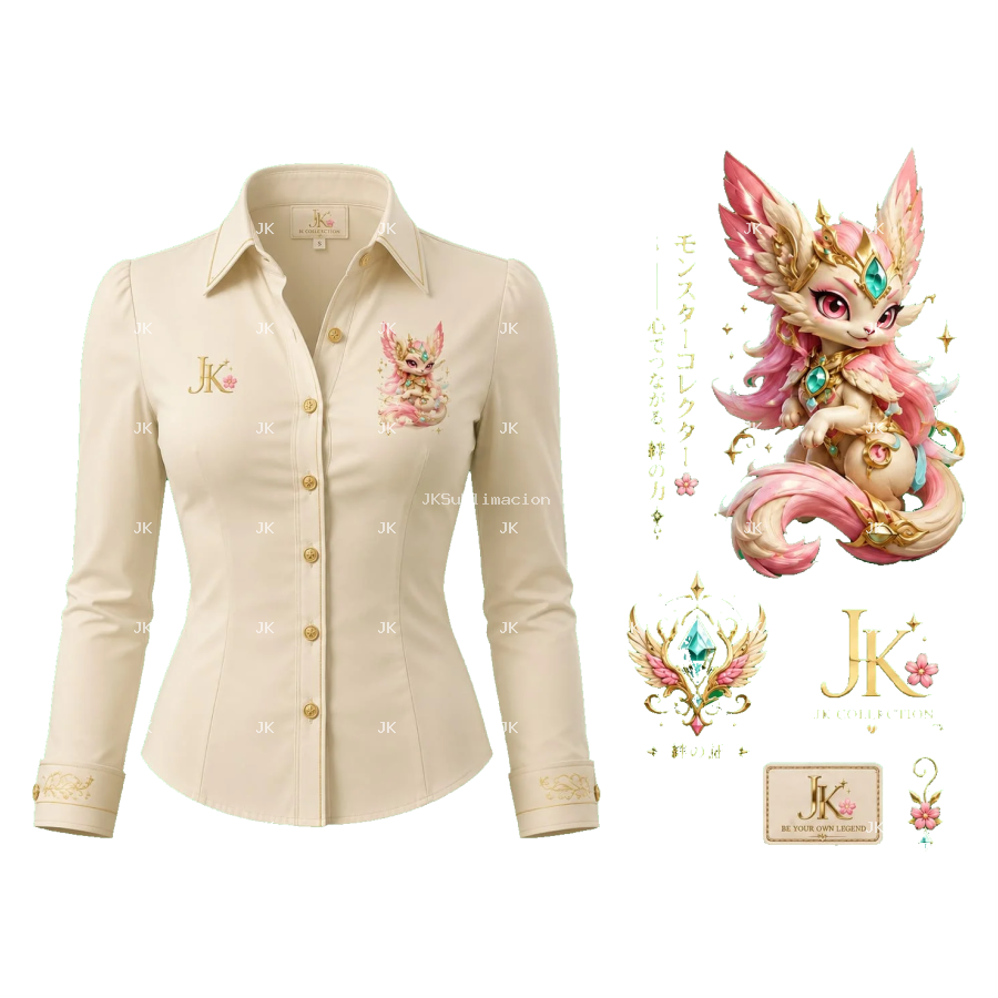 Diseño Digital Premium Fantasía 3D JK para Blusa de Mujer – Criatura Mágica Rosa y Dorada