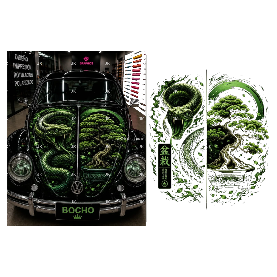 Diseño Digital Serpiente y Bonsái Verde para Tapa Delantera de Carro – JK