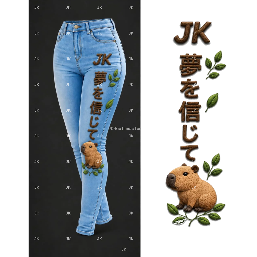 Diseño Digital JK Capibara con Hojas y Letras Japonesas para Pantalón de Mujer