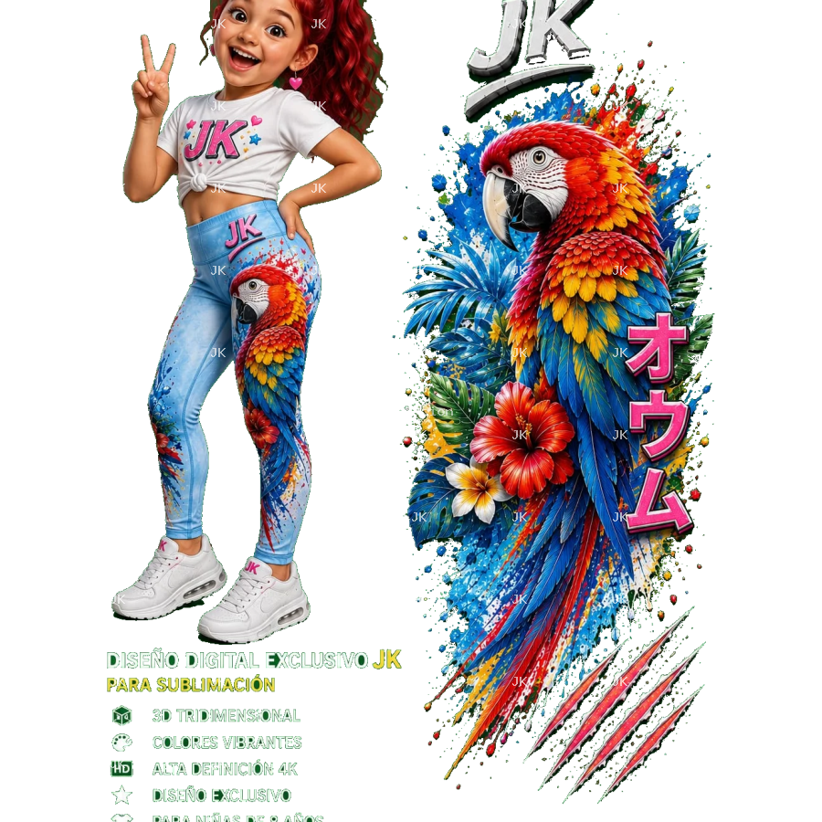 Diseño Digital JK Guacamaya Tropical 3D para Pantalón de Niña
