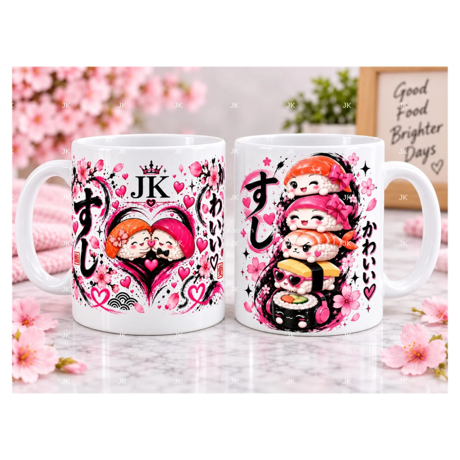 Dos imágenes digitales de sushi japonés kawaii para tazas de 11 oz — JK