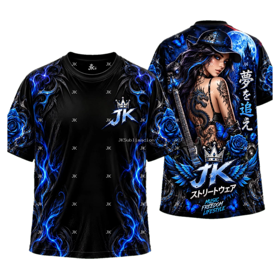 Camisa para Hombre – Chica Urbana Azul JK con Letras Japonesas