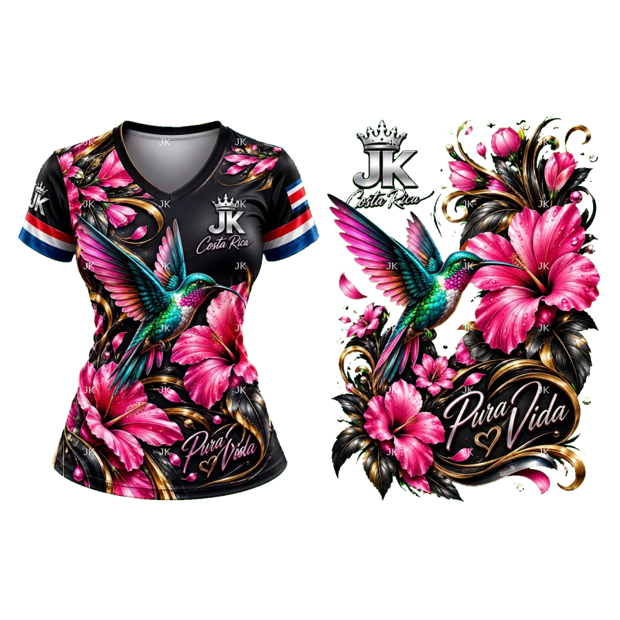 Diseño digital Pura Vida Costa Rica con colibrí, flores tropicales y detalles dorados — JK