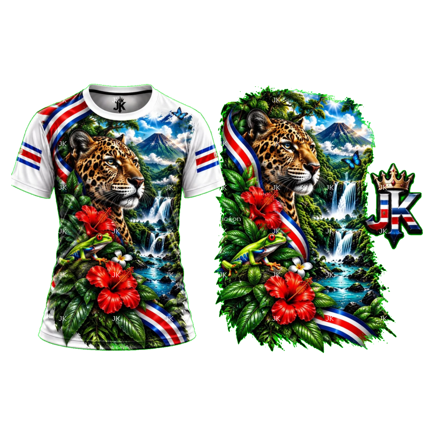 Diseño digital Costa Rica con jaguar, volcán, cascada y flores tropicales para camisa — JK