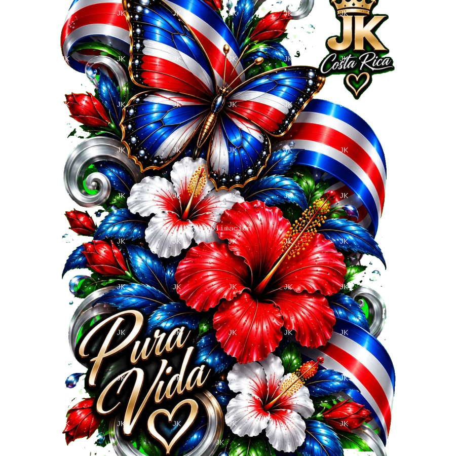 Diseño digital Pura Vida Costa Rica con mariposa y flores tropicales para camisa de mujer — JK