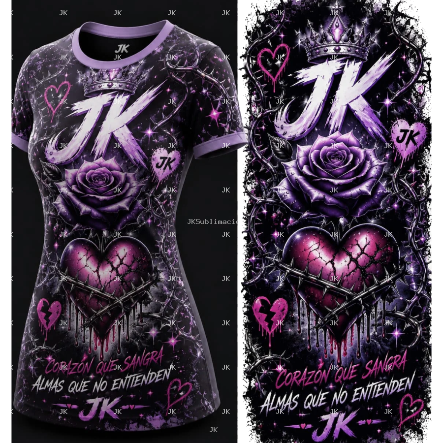Diseño Digital 3D JK Corazón Roto y Rosas Moradas para Mujer
