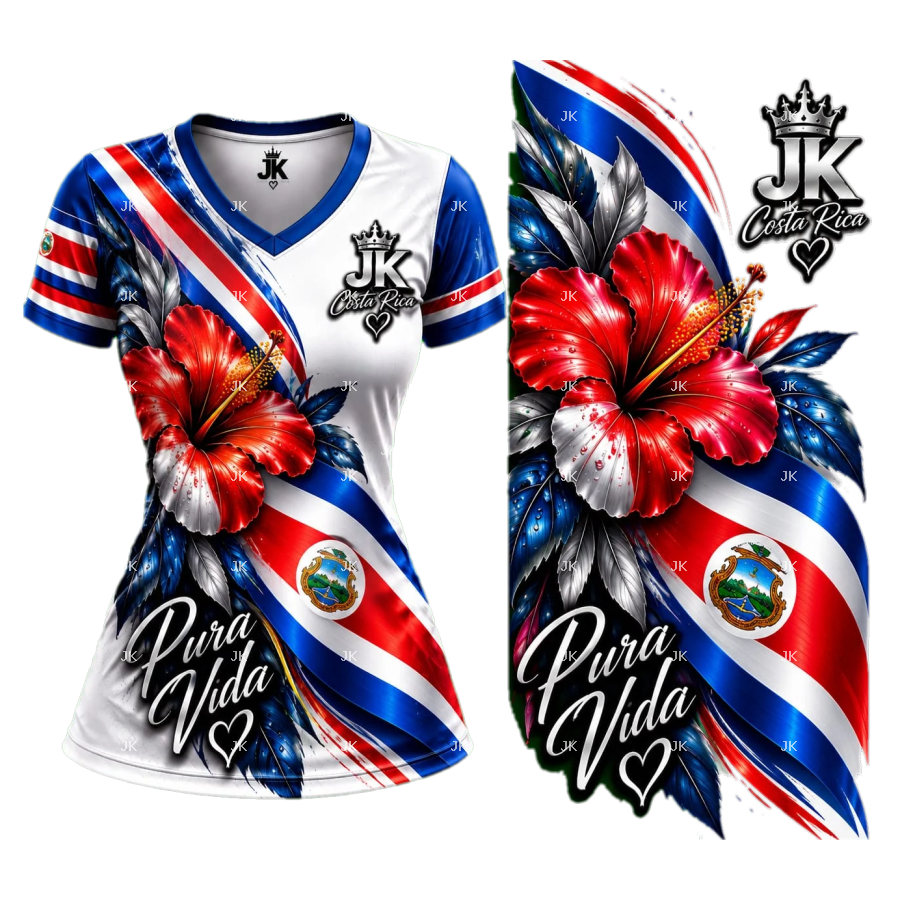 Diseño digital Pura Vida Costa Rica con flores tropicales y bandera para camisa de mujer — JK