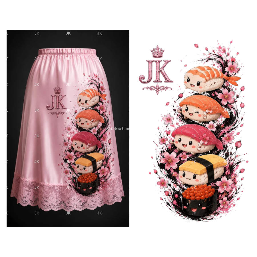 Diseño Digital JK para Falda de Mujer – Sushi Kawaii y Flores Japonesas