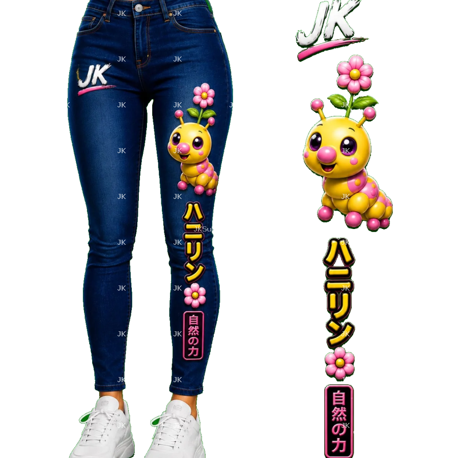 Diseño Digital JK Oruguita Kawaii con Flor para Pantalón de Mujer