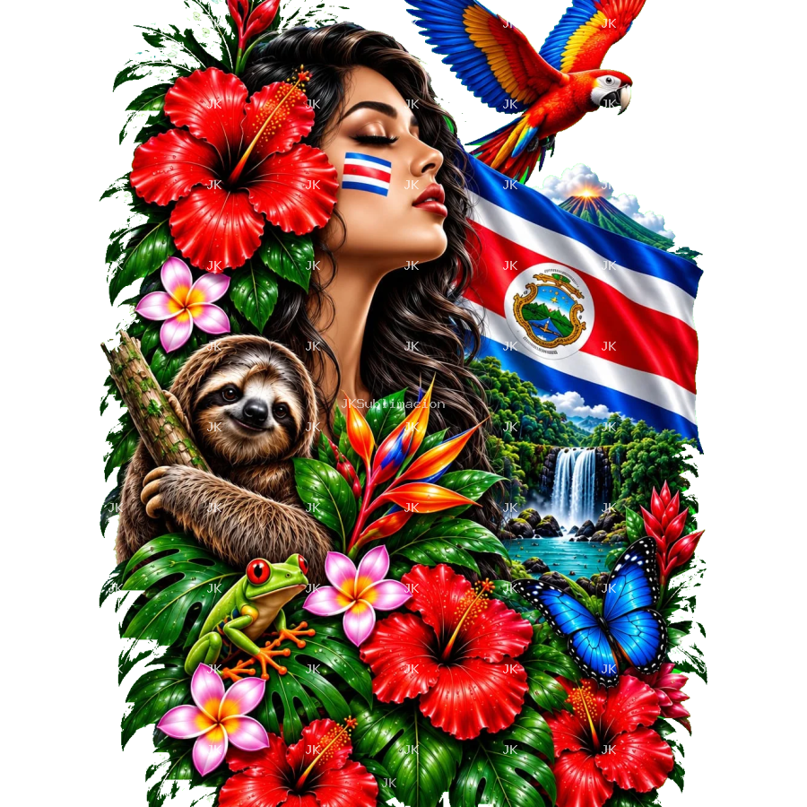 Diseño digital Costa Rica con mujer, perezoso, guacamaya, rana, flores y naturaleza tropical — JK