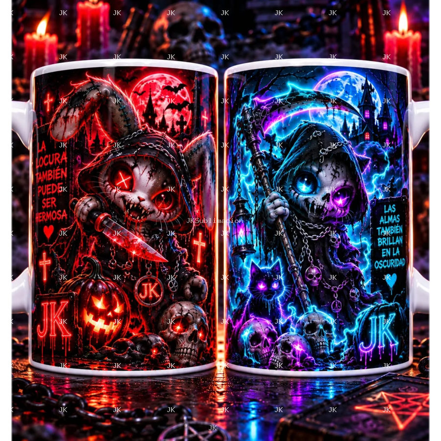 Pack de 2 Diseños Digitales JK Halloween para Taza 11 oz – Gatos Oscuros, Calaveras y Calabazas – 2460 × 1110 px – 300 DPI