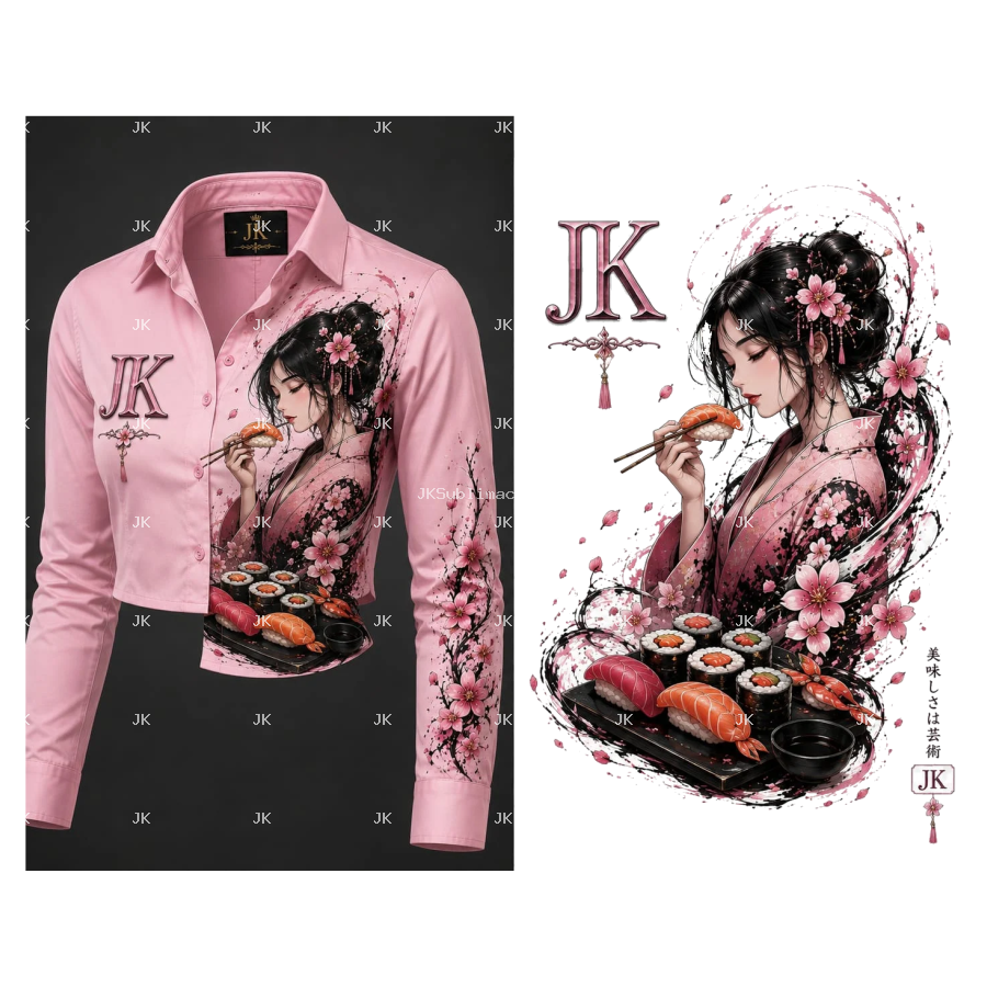 Diseño Digital JK para Camisa de Mujer – Chica Japonesa con Sushi y Flores