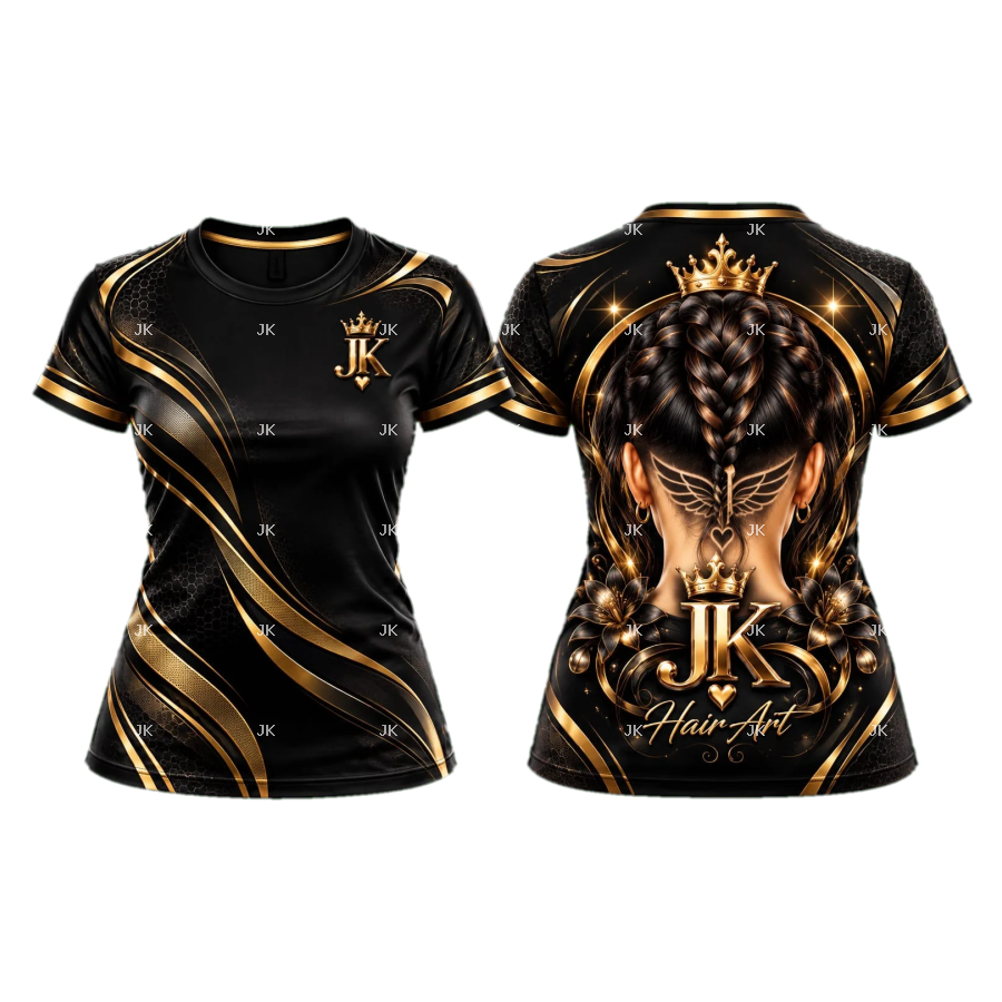 Diseño digital original JK Hair Art dorado para camisa de mujer — Peinado trenzado