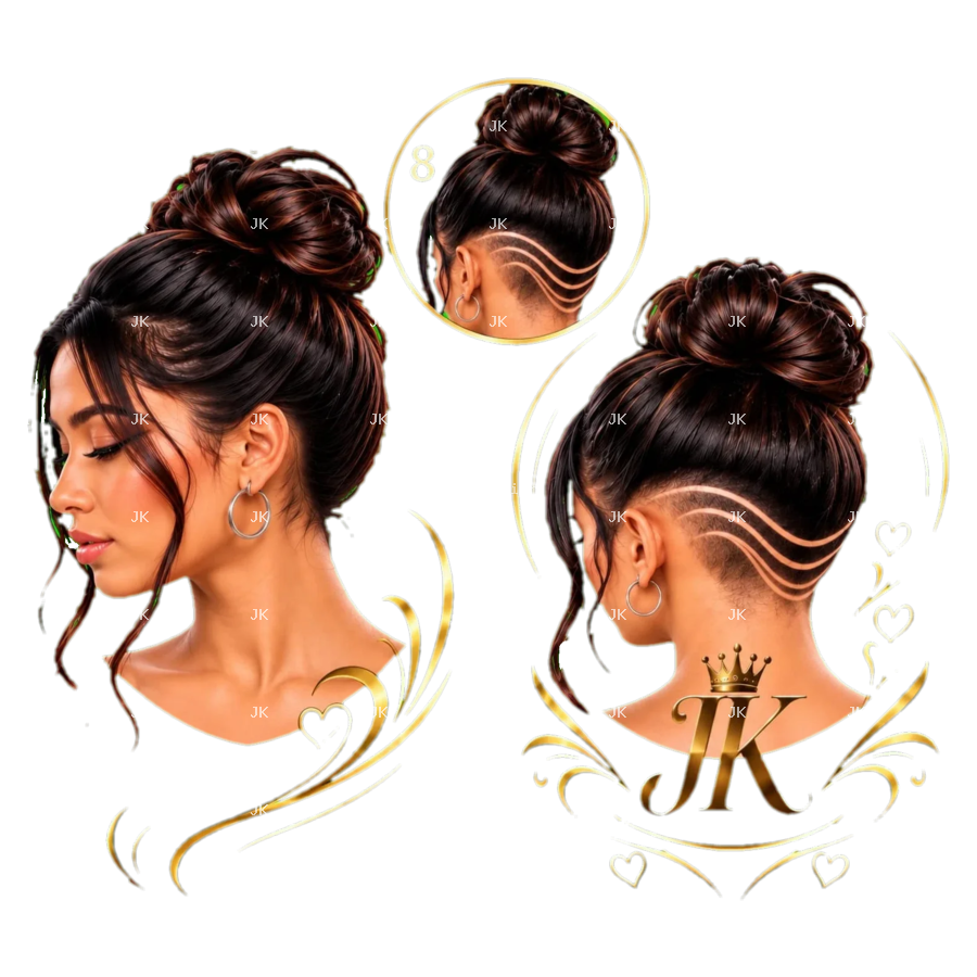 Diseño digital original JK Hair Art rosa y negro para camisa de mujer — Peinado con moño