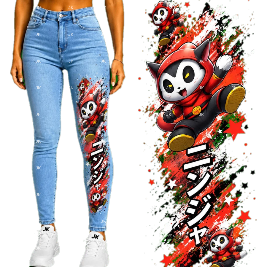 Diseño Digital JK Gatito Ninja Kawaii Naranja para Pantalón de Mujer