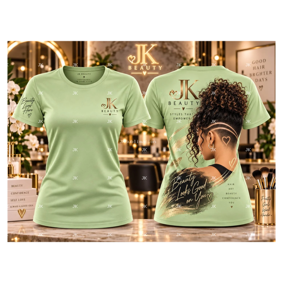 Diseño digital original JK Beauty para camisa de mujer — Peinado rizado y Hair Art