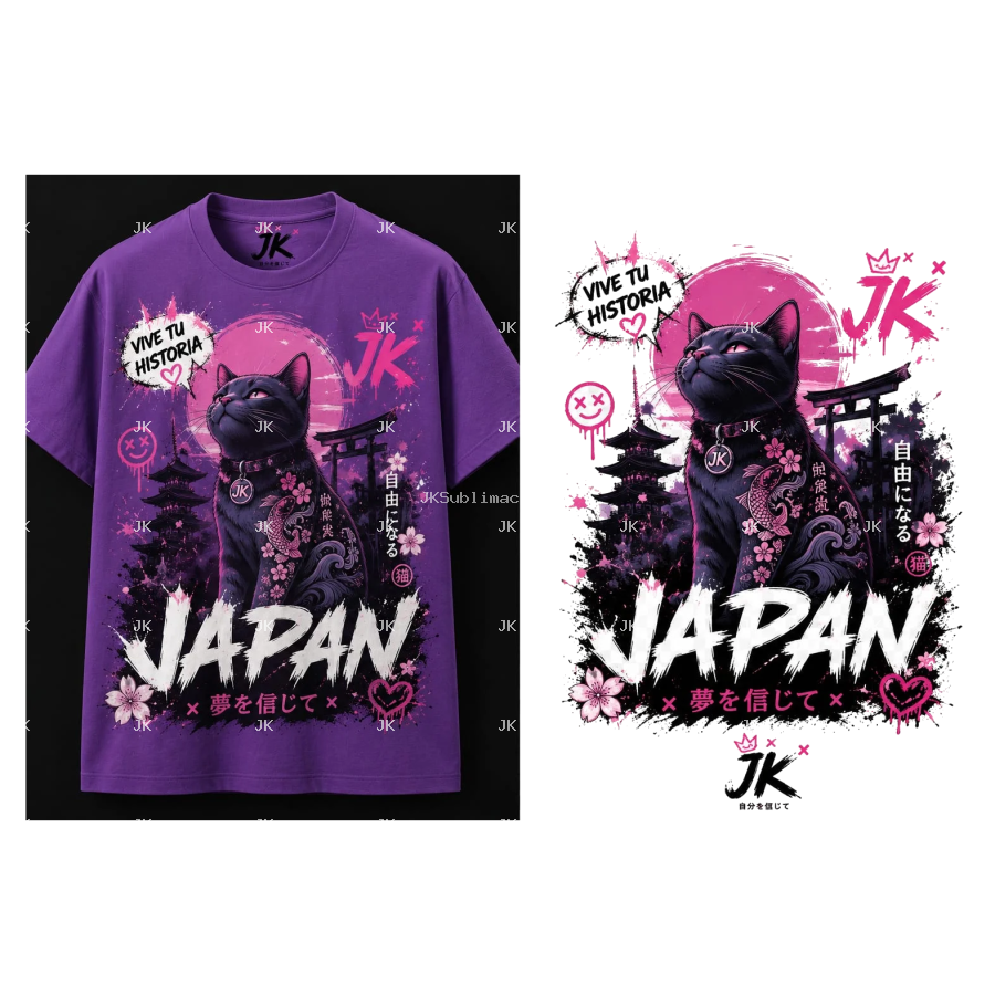 Diseño Digital JK Gato Japonés Rosa Estilo Urbano para Camisa de Mujer