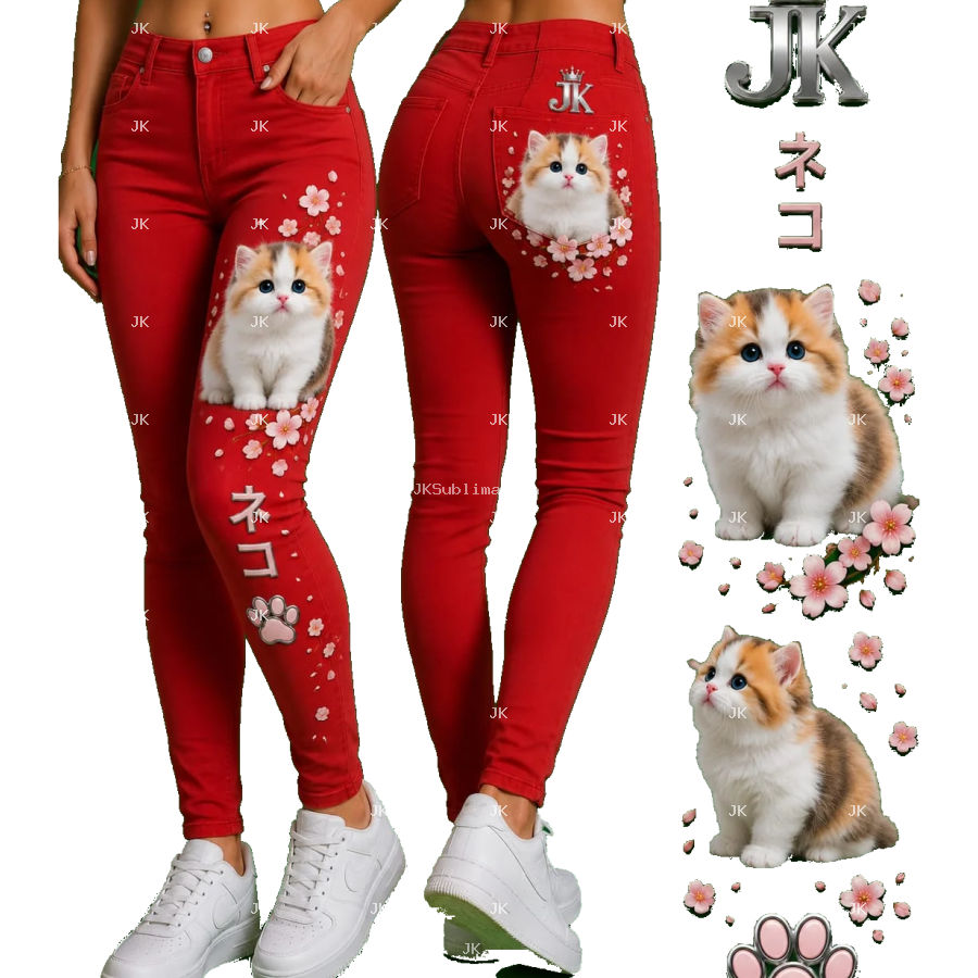 Diseño Digital JK de Gatitos con Flores, Huella y Letras Japonesas para Pantalón de Mujer – Sublimación y DTF