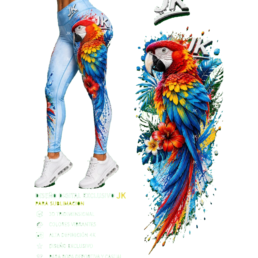Diseño Digital JK Guacamaya Tropical para Pantalón de Mujer – Sublimación y DTF