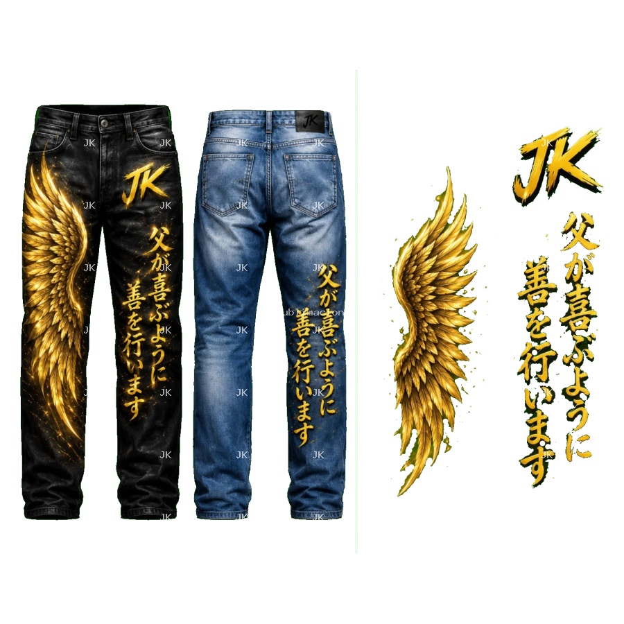 Diseño Digital JK Ala Dorada 3D con Letras Japonesas para Pantalón de Hombre