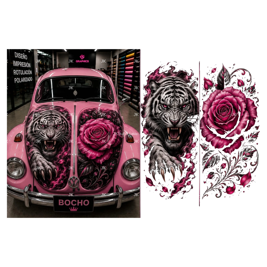 Diseño Digital JK para Tapa Delantera de Carro – Tigre Blanco y Rosa