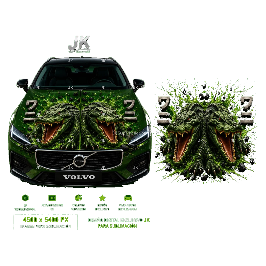 Diseño Digital JK Doble Cocodrilo Verde para Tapa Delantera de Carro