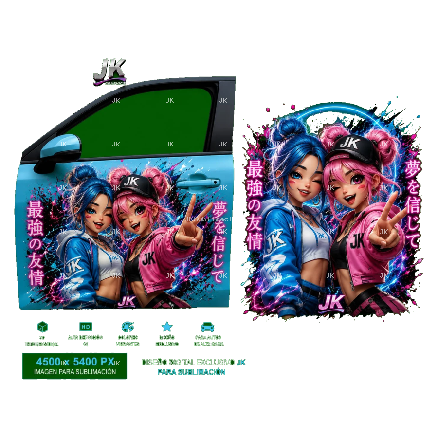 Diseño Digital JK Dúo de Chicas Rosa y Azul para Puerta de Carro